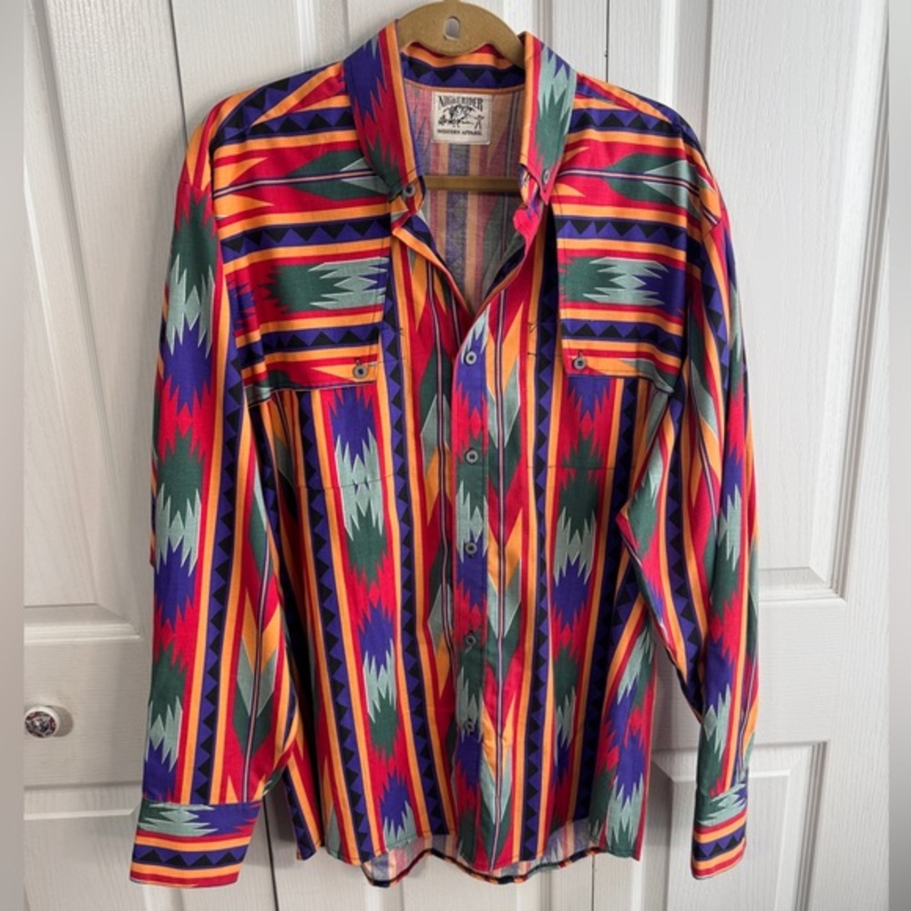 Nightrider Western Vintage Aztec Print Brushpopper Long Sleeve Button Up‎ Rodeo